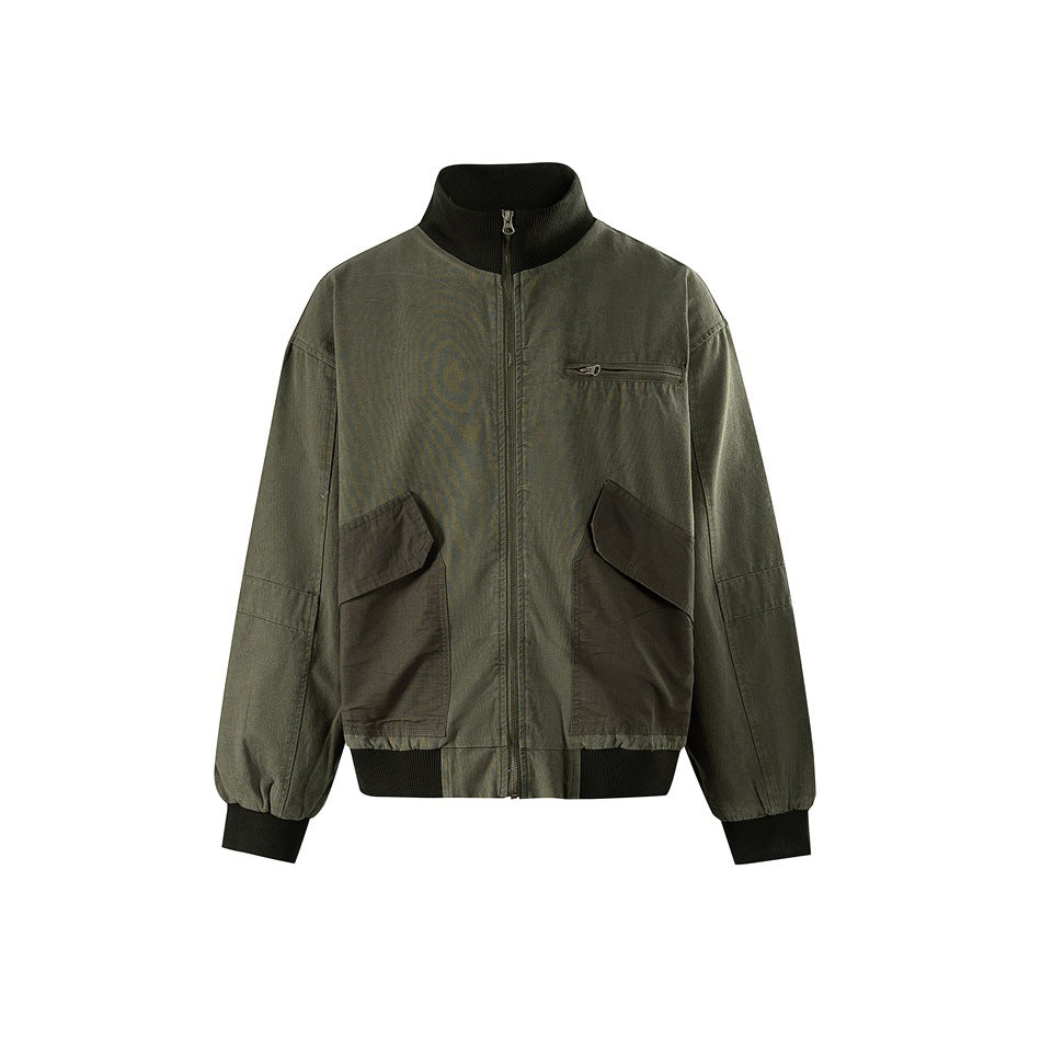 Army green zip-front jacket with ribbed stand collar, chest zip pocket and two contrast flap pockets, front view