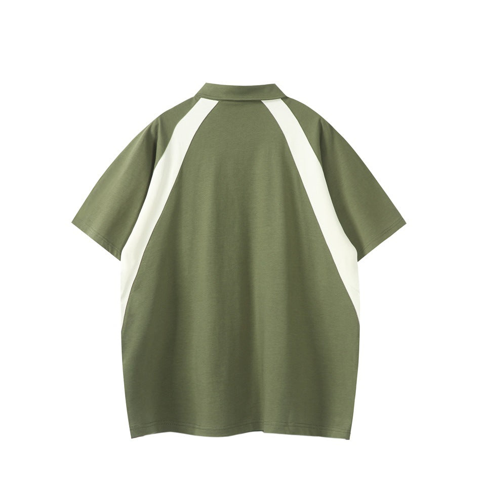 Back view of an olive short-sleeve collared shirt with white contrast panels running from the shoulders down the sides.