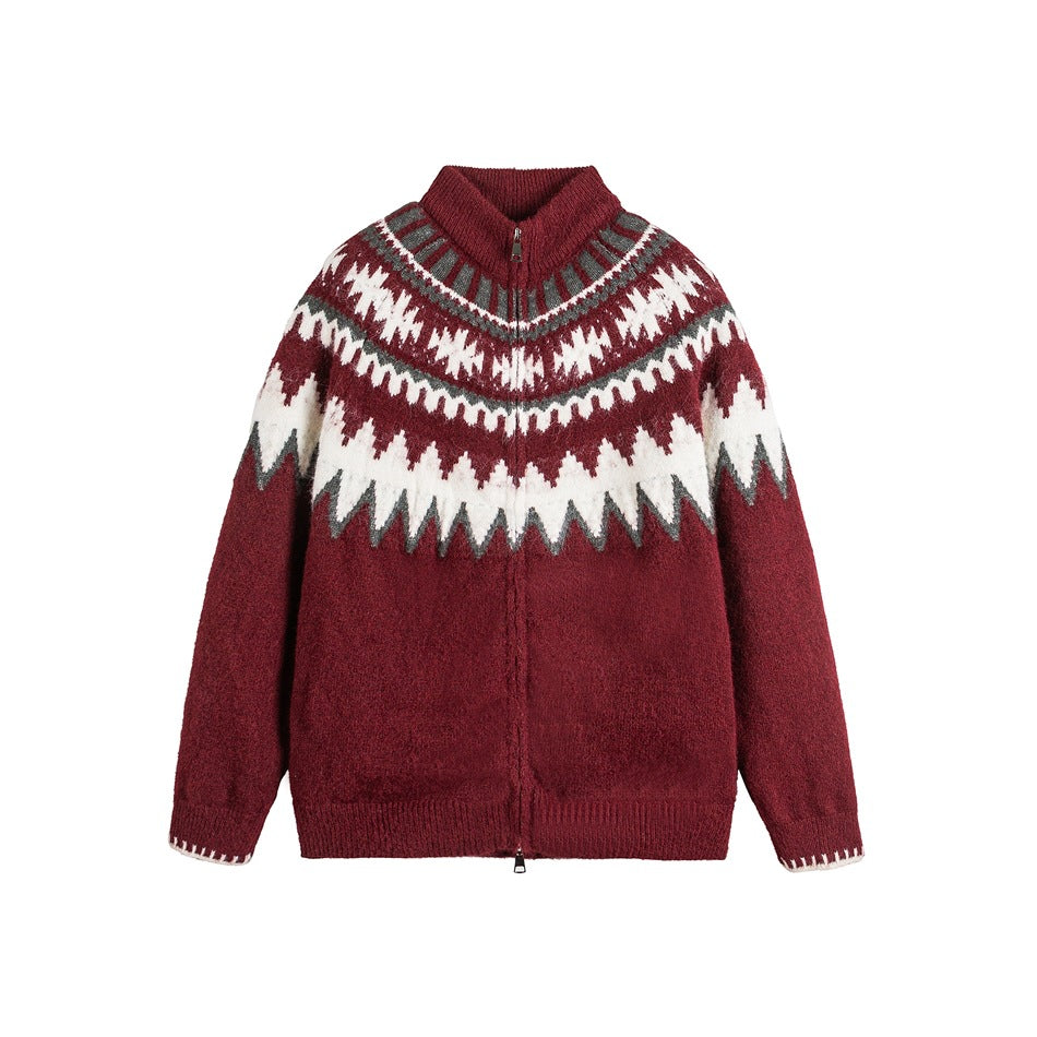 Burgundy red zip-front knit cardigan with stand collar and cream and gray Fair Isle yoke pattern, flat front view