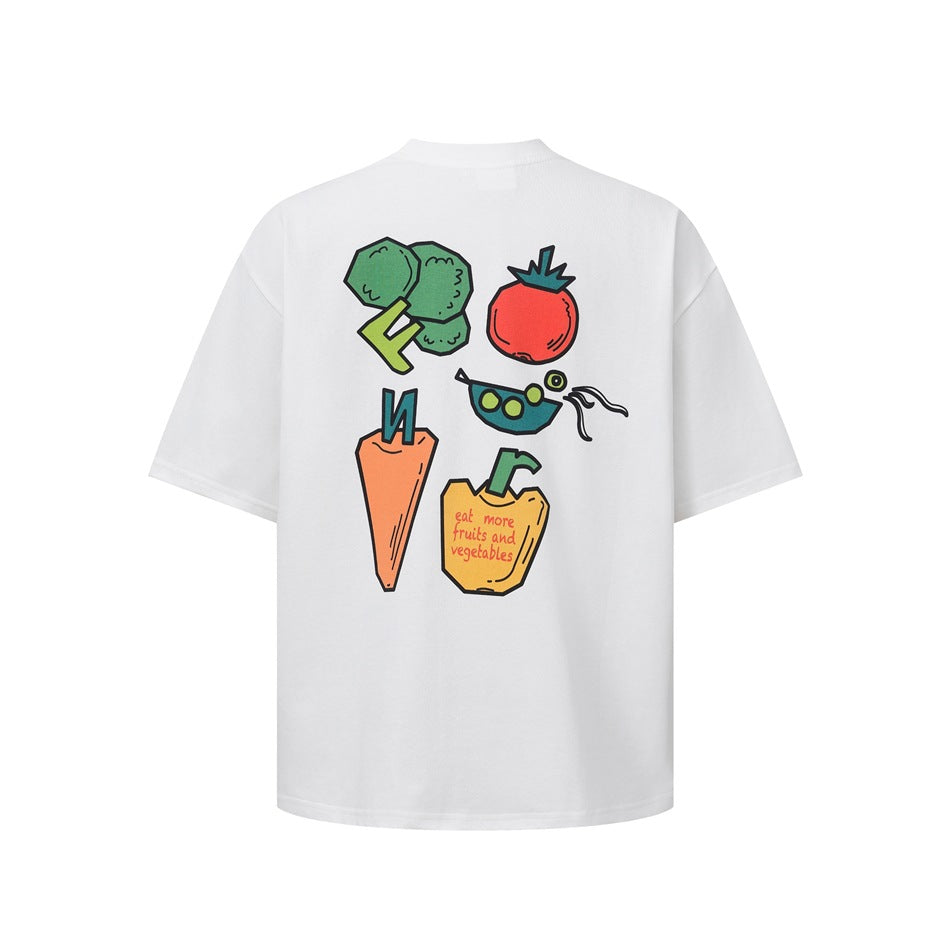White short-sleeve T-shirt back with colorful cartoon vegetable print and 'eat more fruits and vegetables' text