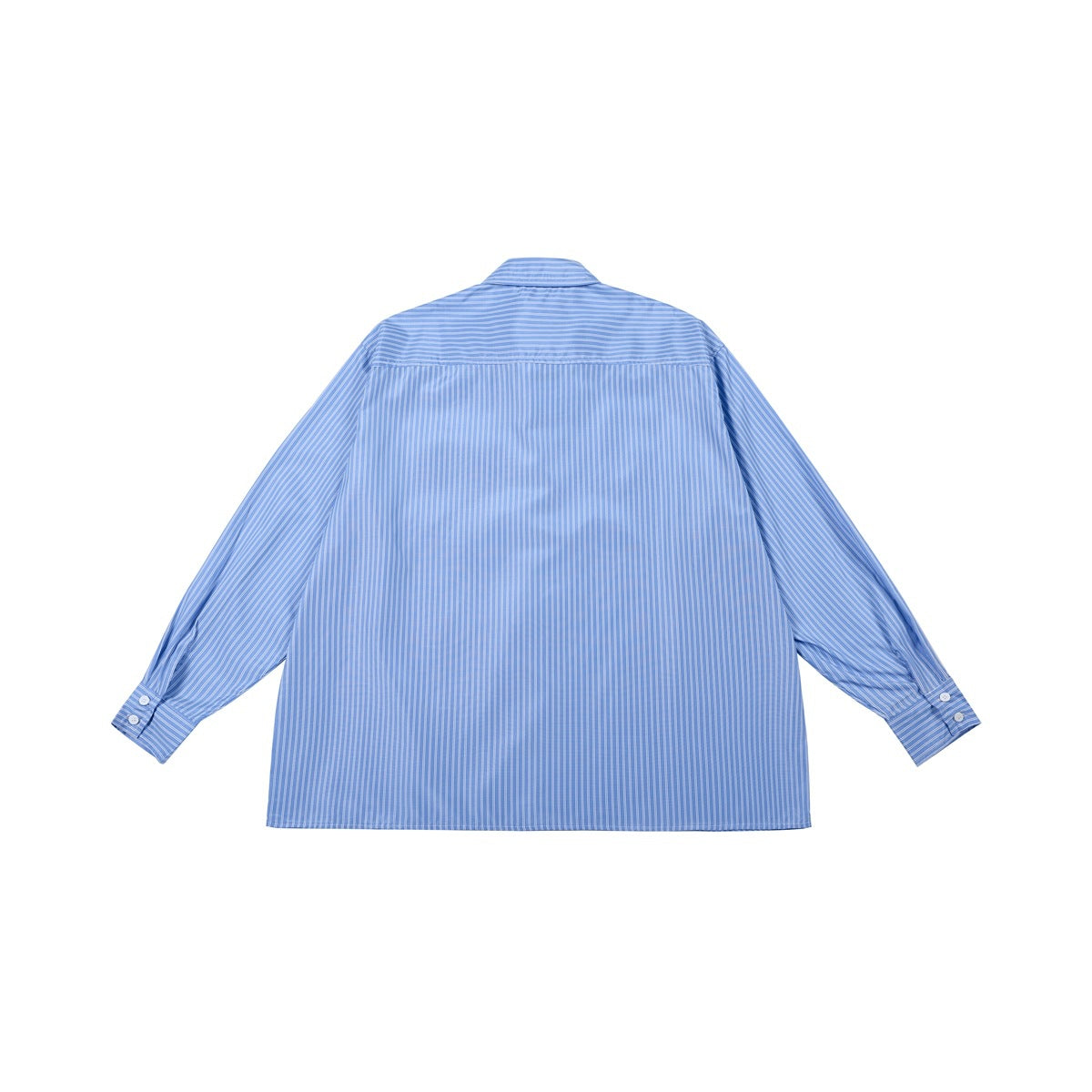 Back view of a blue-and-white vertically striped long-sleeve button-up shirt laid flat.