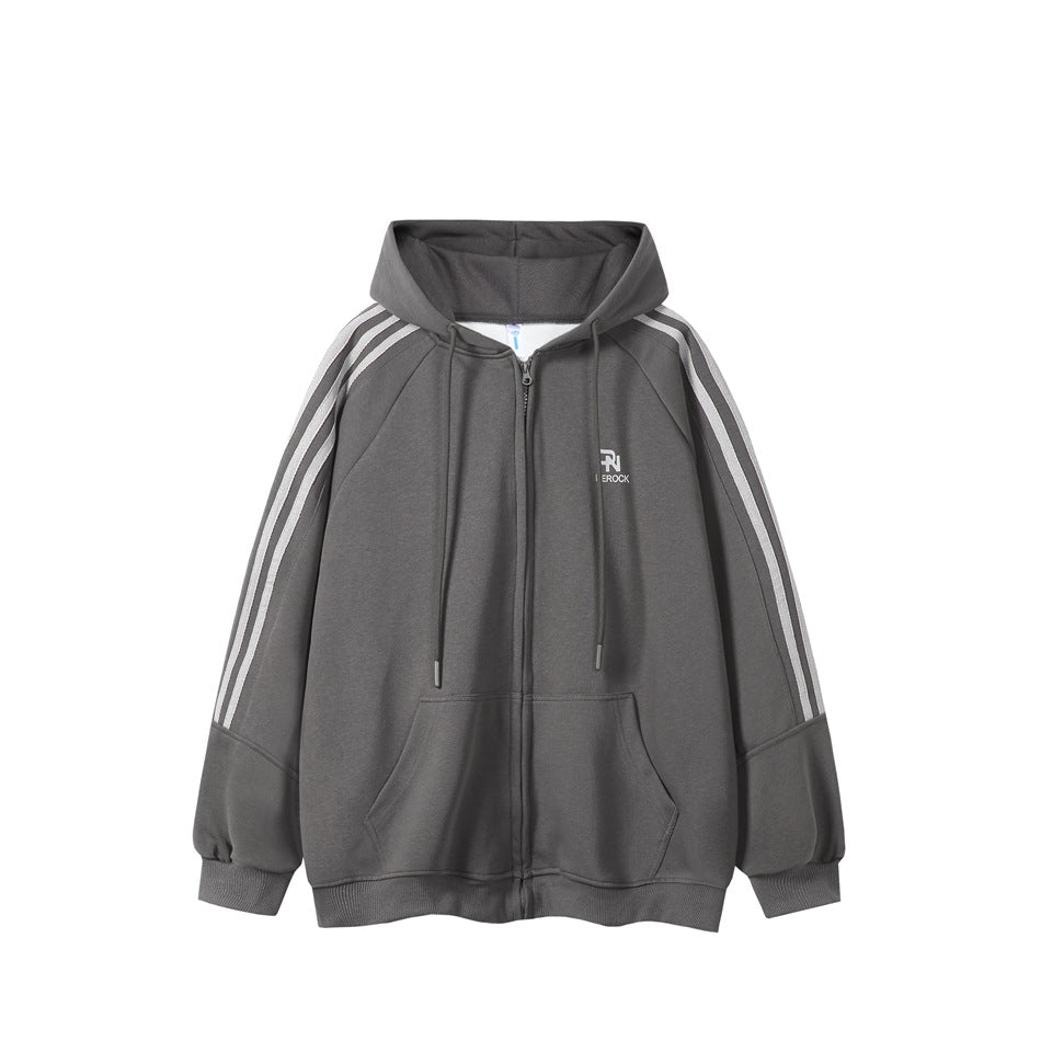 Front view of a gray zip-up hoodie with drawstrings, pale double sleeve stripes, a small chest logo and front pockets.