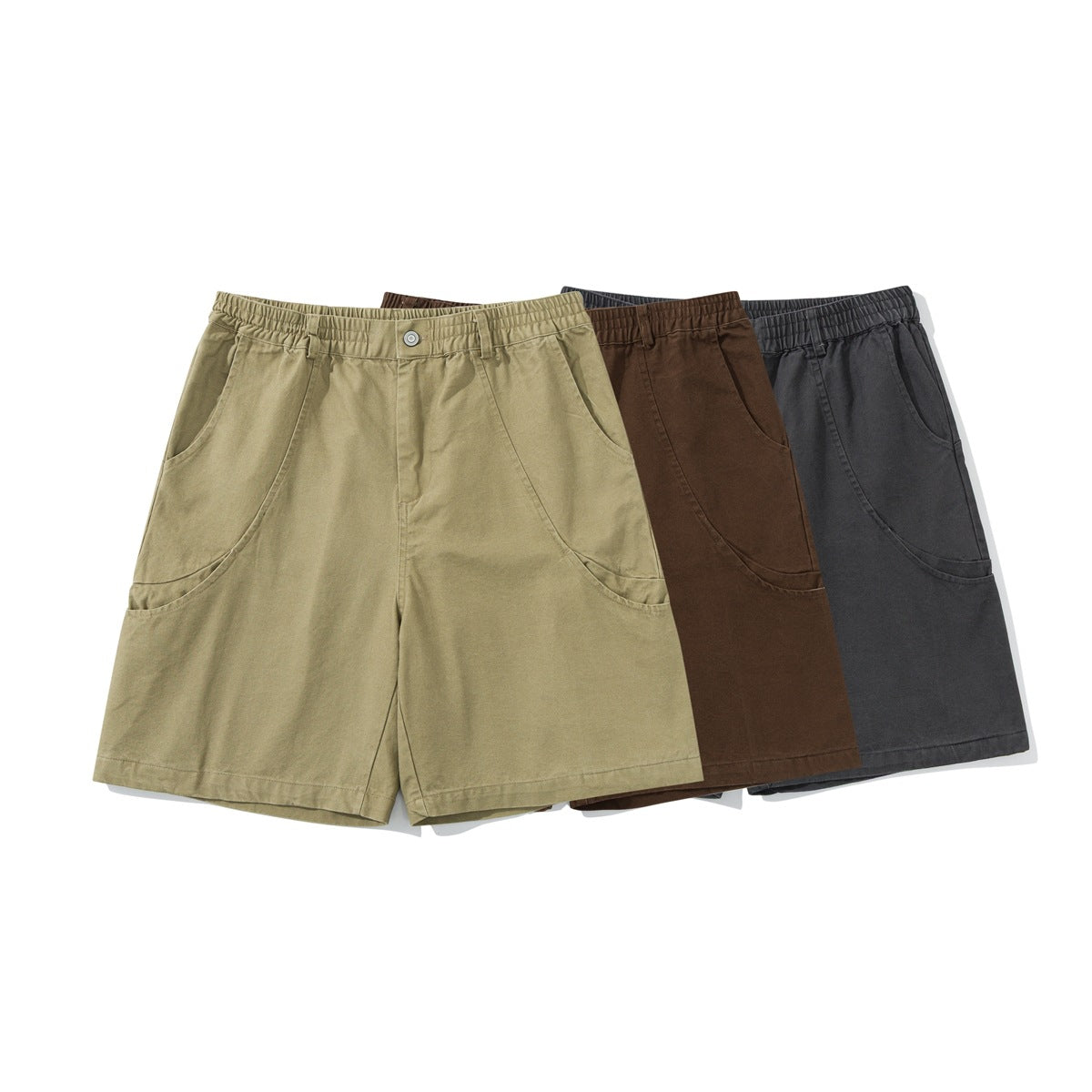Three pairs of pull-on shorts shown from the front in khaki, brown, and charcoal, with curved pockets.