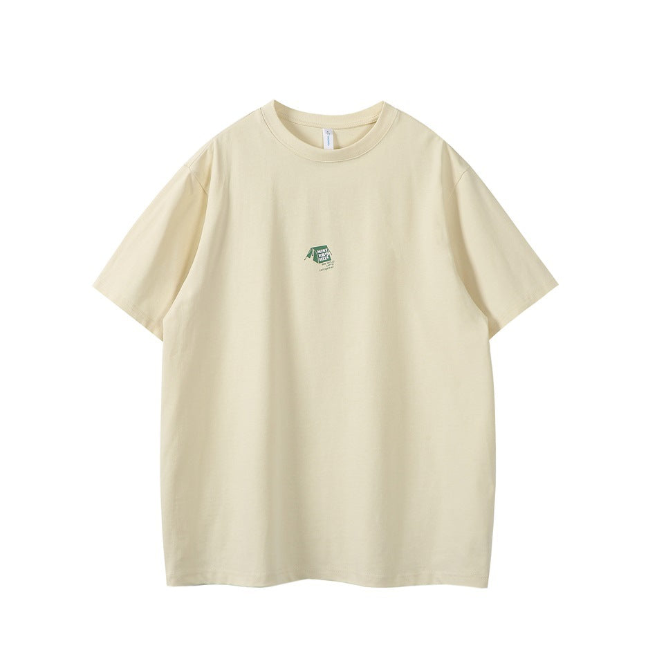 Apricot short-sleeve crew-neck T-shirt with a small green tent graphic at center chest, flat front view