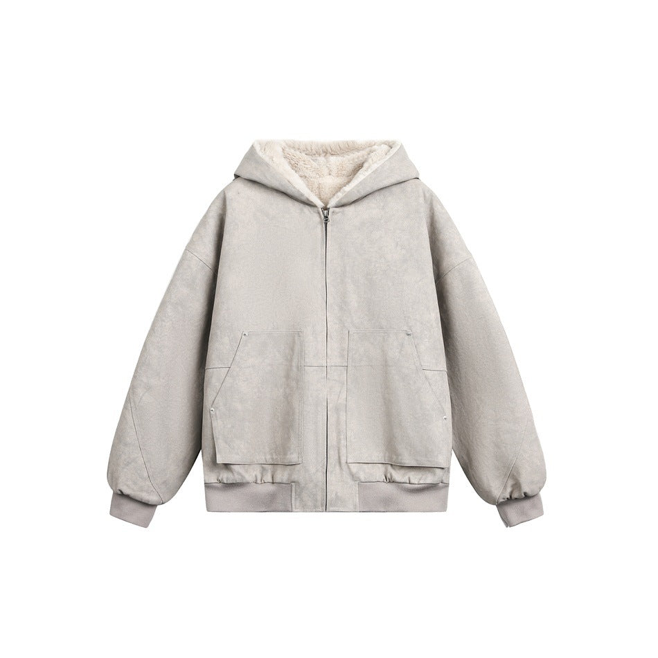 Light gray washed hooded zip jacket with cream fleece-like hood lining, large patch pockets and ribbed cuffs, flat lay