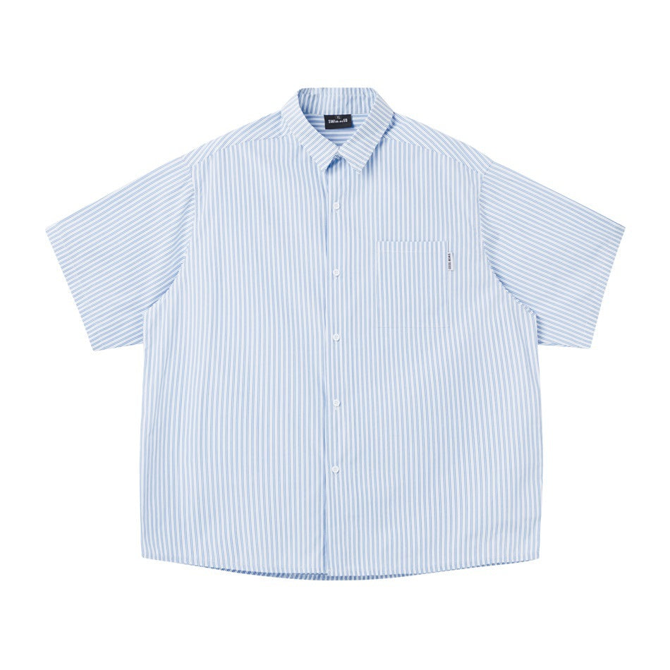 Light blue and white striped short-sleeve button-up shirt, flat lay front view with chest pocket