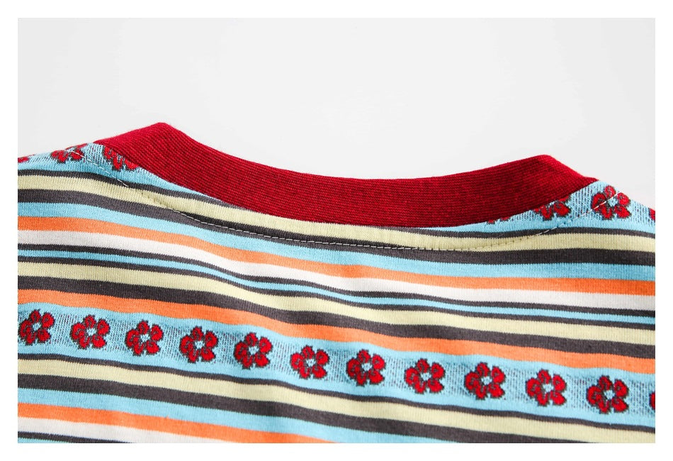 Cropped back neckline of a striped knit top with a solid red ribbed collar and floral bands.