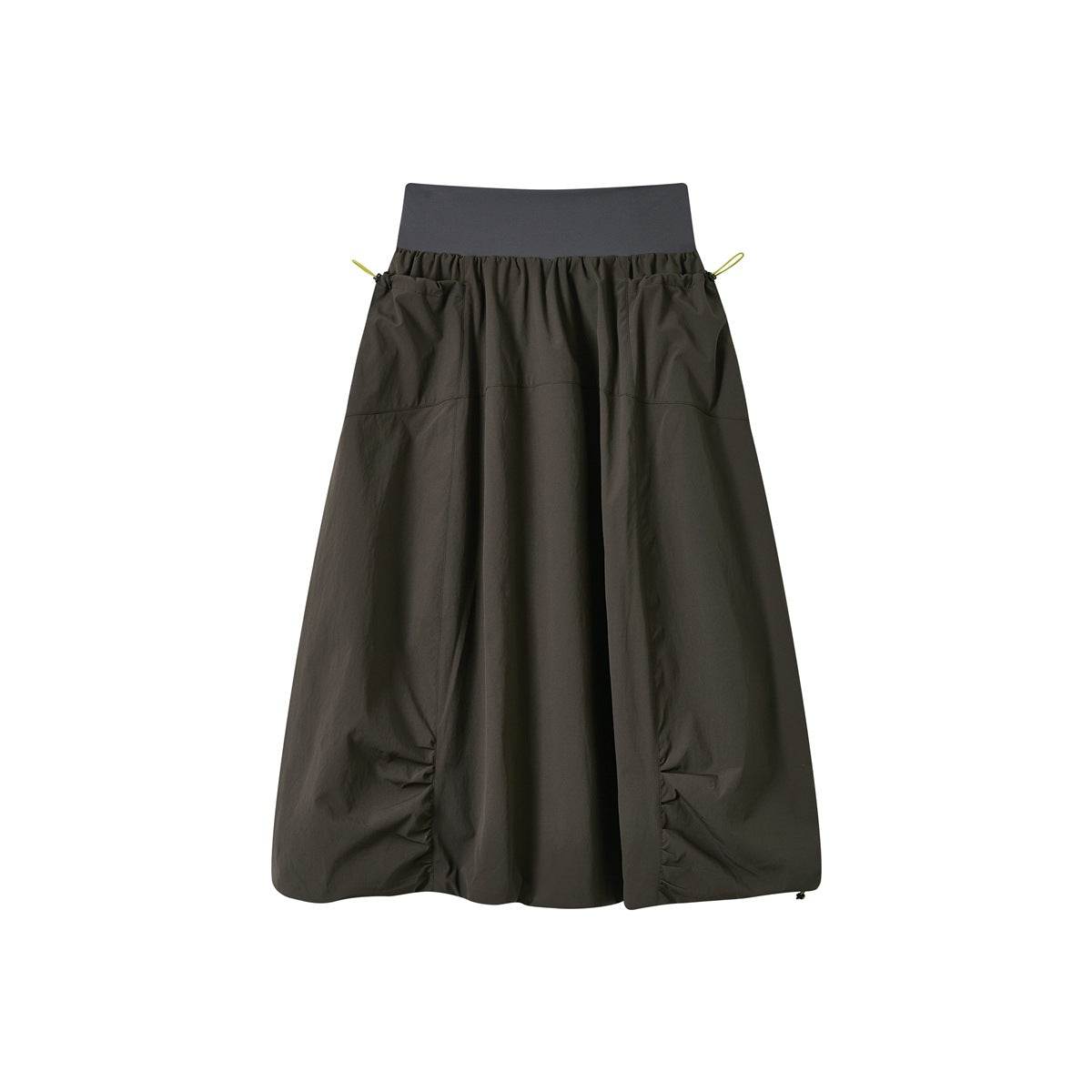Dark gray balloon midi skirt with gray waistband, front pockets, yellow drawstring toggles and ruched hem, flat view