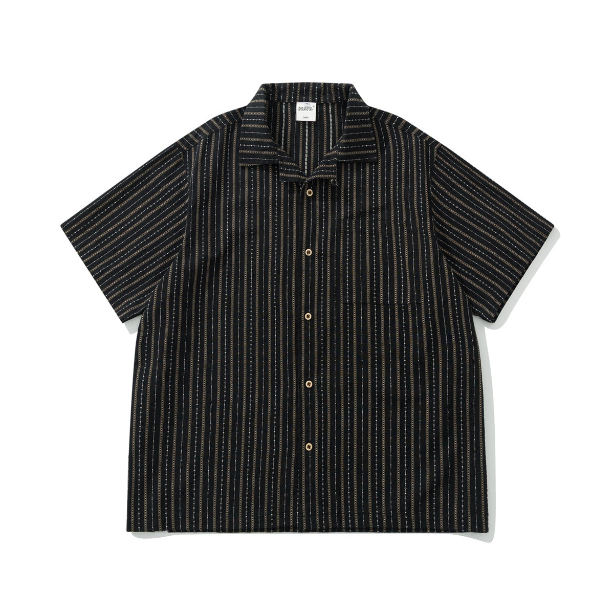 Black short-sleeve camp collar shirt with fine vertical woven stripes and button front, flat lay