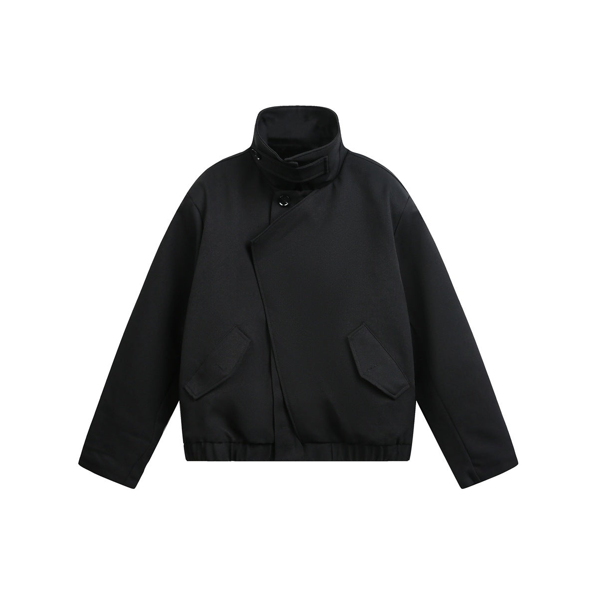 Black short jacket flat lay with high stand collar, asymmetric front closure, flap pockets and elastic hem