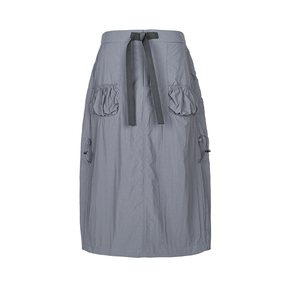 Gray midi skirt flat lay, front view, with dark gray buckle belt, gathered patch pockets and side toggle cords