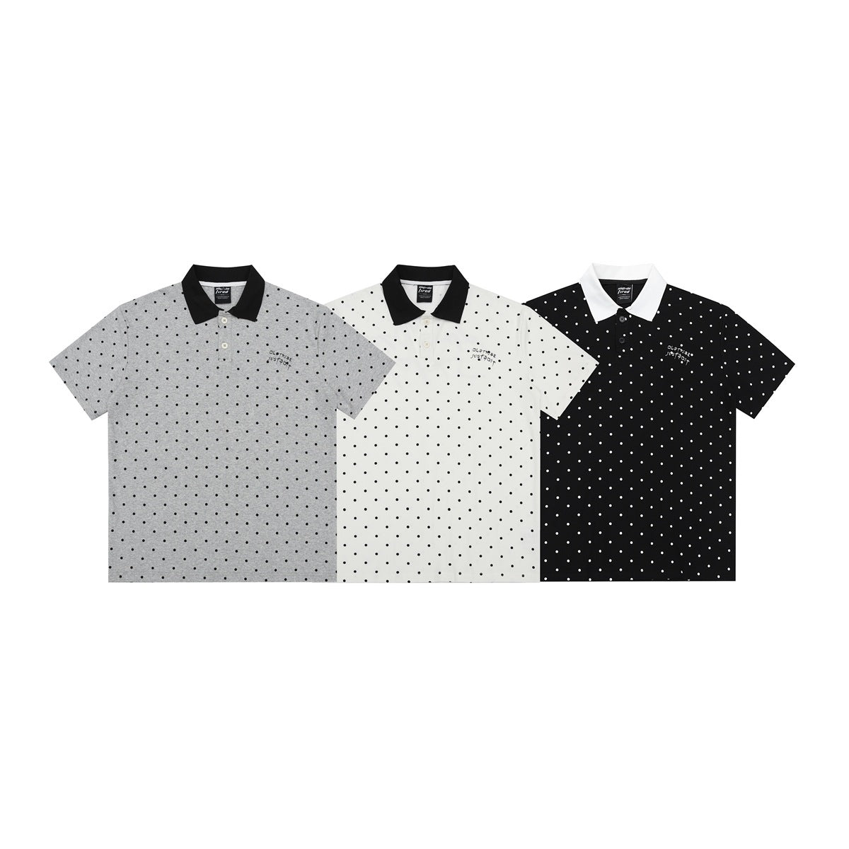 Three short-sleeve polka-dot polo shirts shown together in gray, white and black, with contrasting collars.