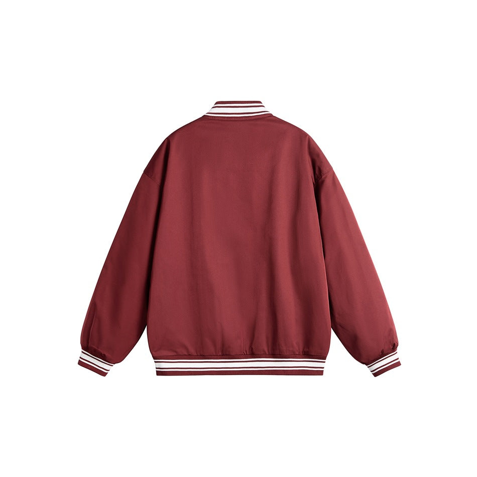 Back view of a plain burgundy varsity jacket with white-striped ribbed collar, cuffs, and hem.