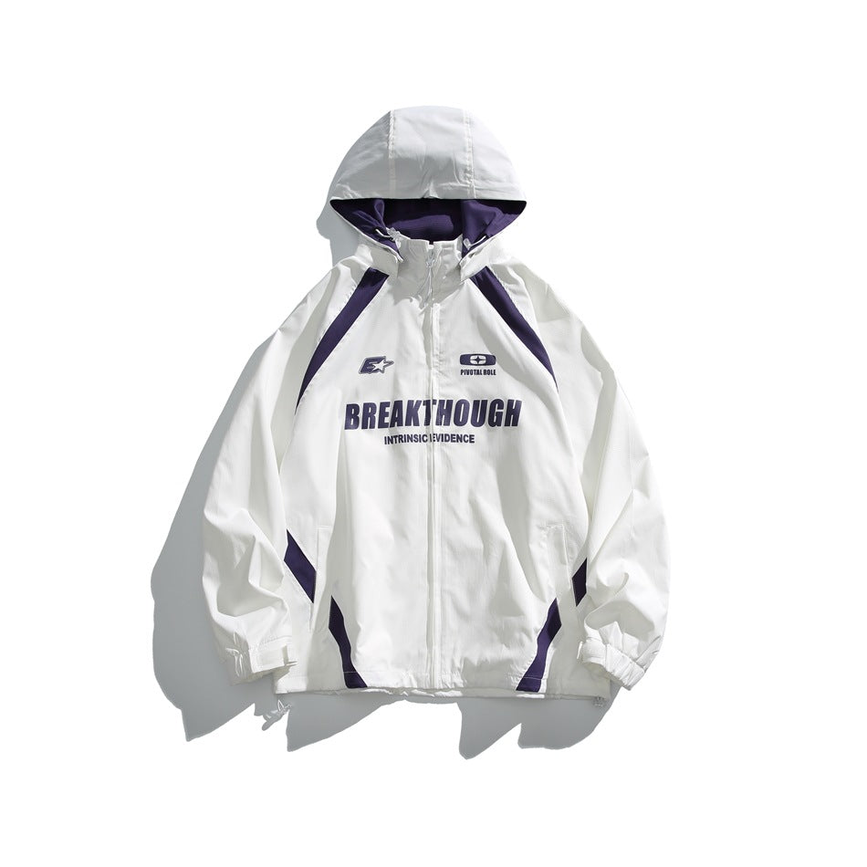 White hooded zip jacket with purple color-block panels and BREAKTHOUGH chest print, flat lay
