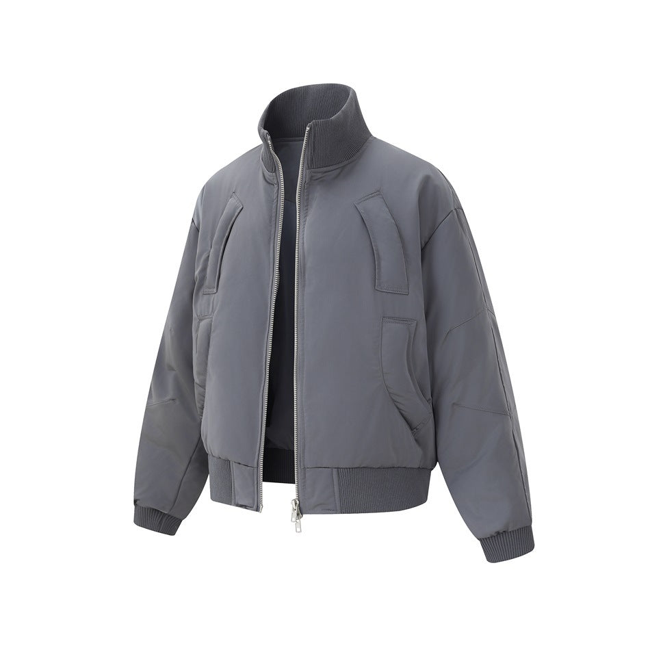 Gray zip-front jacket shown at a slight angle, with a ribbed stand collar, cuffs, hem, and stitched pockets.