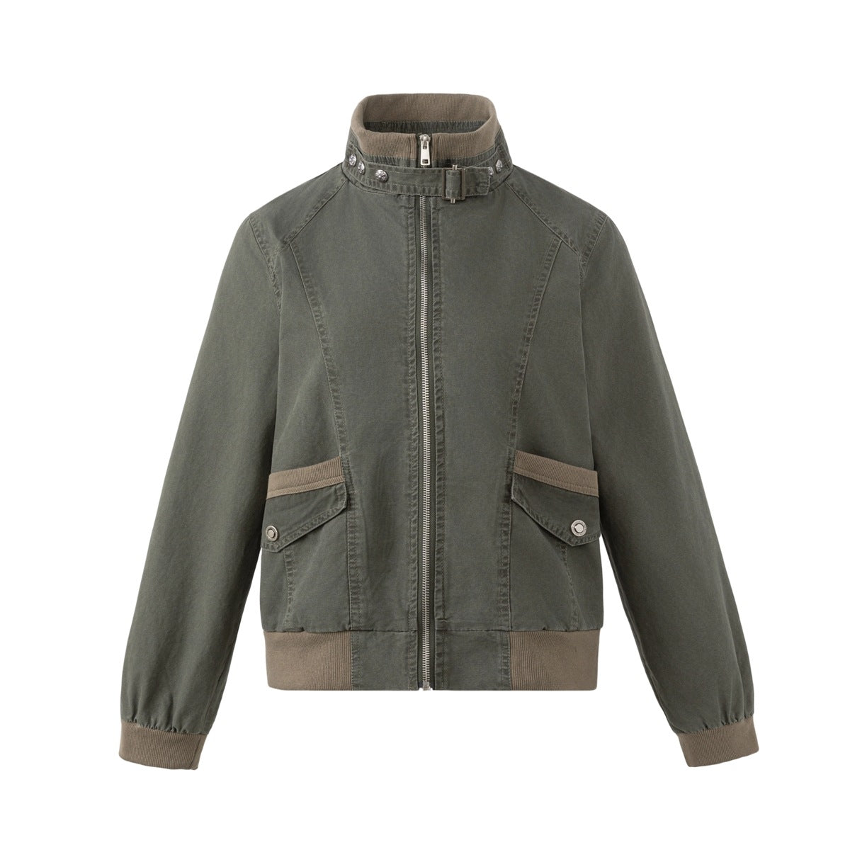 Olive green stand-collar zip jacket with tan ribbed trim, buckled collar strap and two snap flap pockets, flat front view