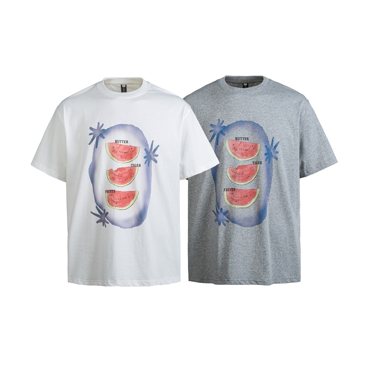 White and gray short-sleeve crew-neck T-shirts with matching watermelon and blue floral graphics on the front.