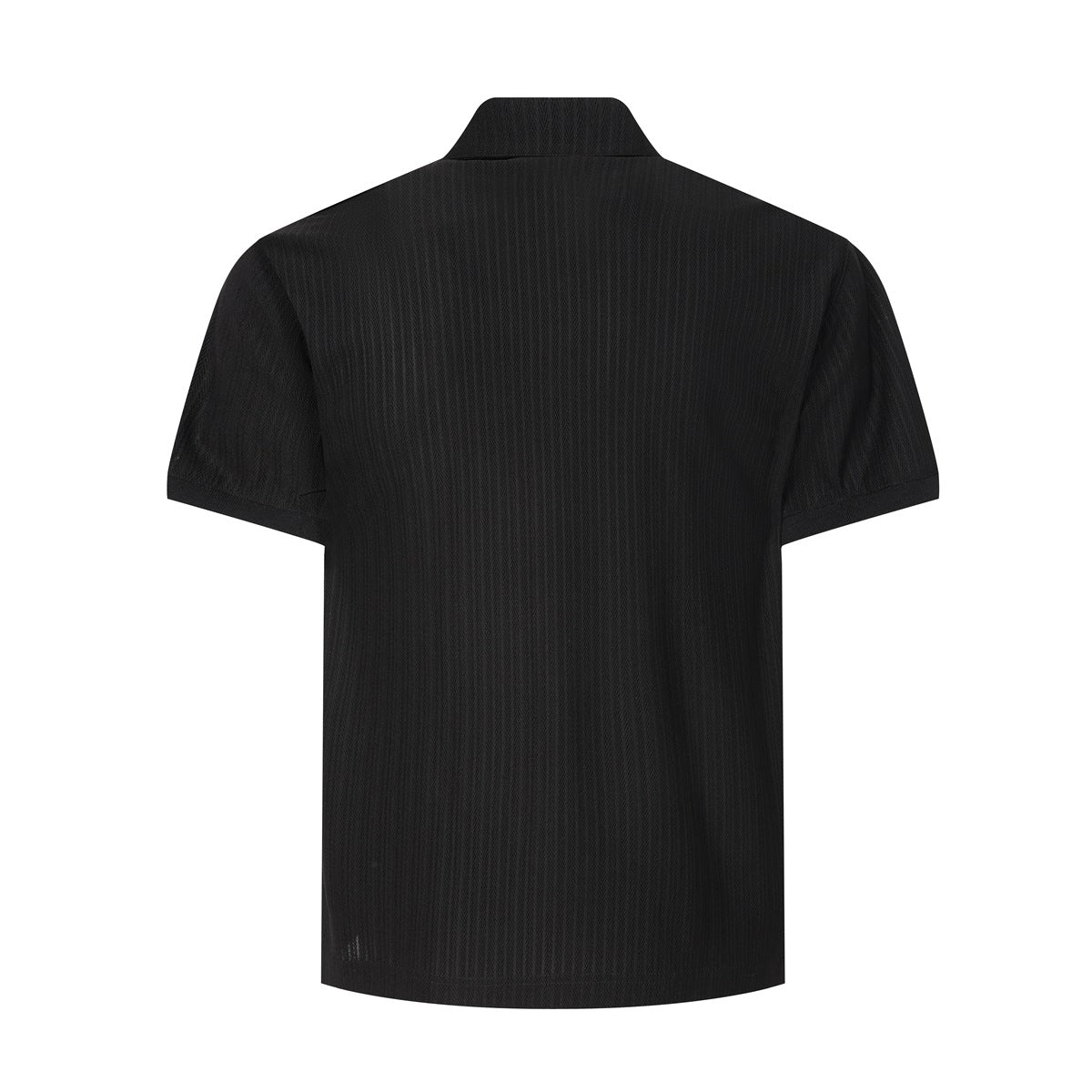 Back view of a black short-sleeve polo shirt with a pointed collar and subtle textured pattern.