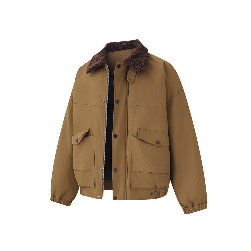 Front view of a camel-brown jacket with a dark textured collar, zip and snap closures, flap pockets, and gathered cuffs and