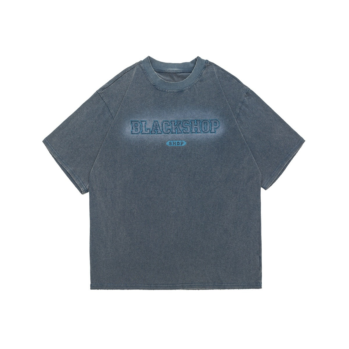 Washed blue-gray short-sleeve T-shirt with blue BLACKSHOP varsity-letter chest graphic and frayed hems, flat front view