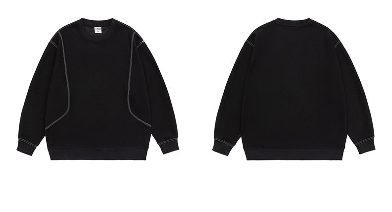 Black crewneck sweatshirt shown from the front and back, with contrast seam detailing and ribbed cuffs and hem.