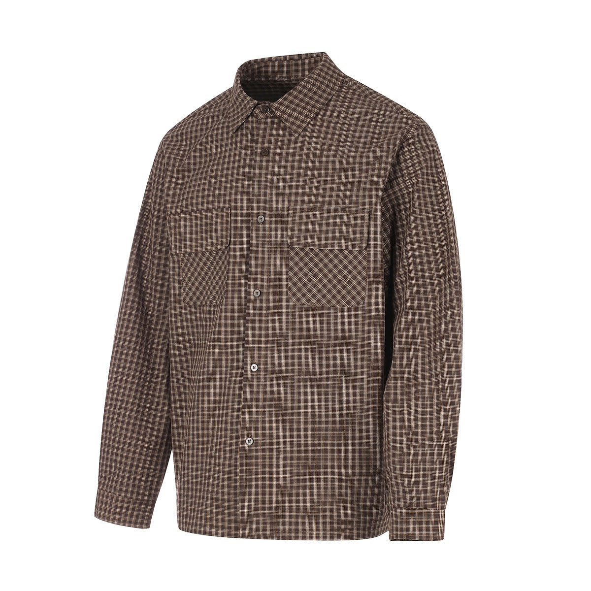 Brown and cream check long-sleeve shirt with chest flap pockets and buttons, shown at a three-quarter angle