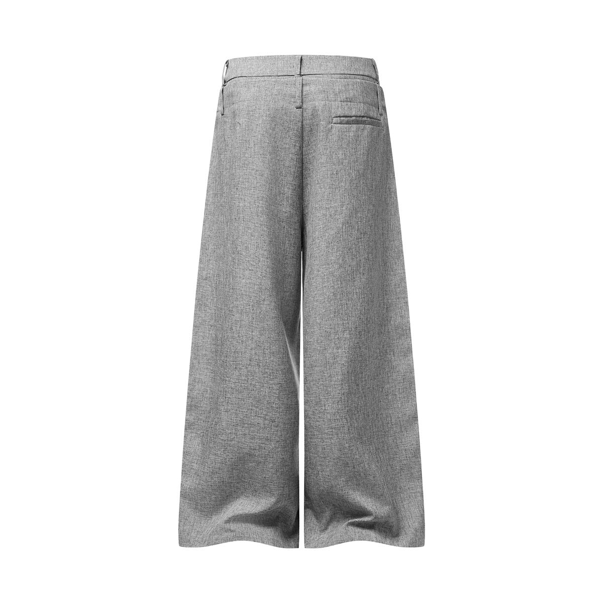 Back view of light gray wide-leg trousers with welt back pocket and waistband tabs, flat-lay