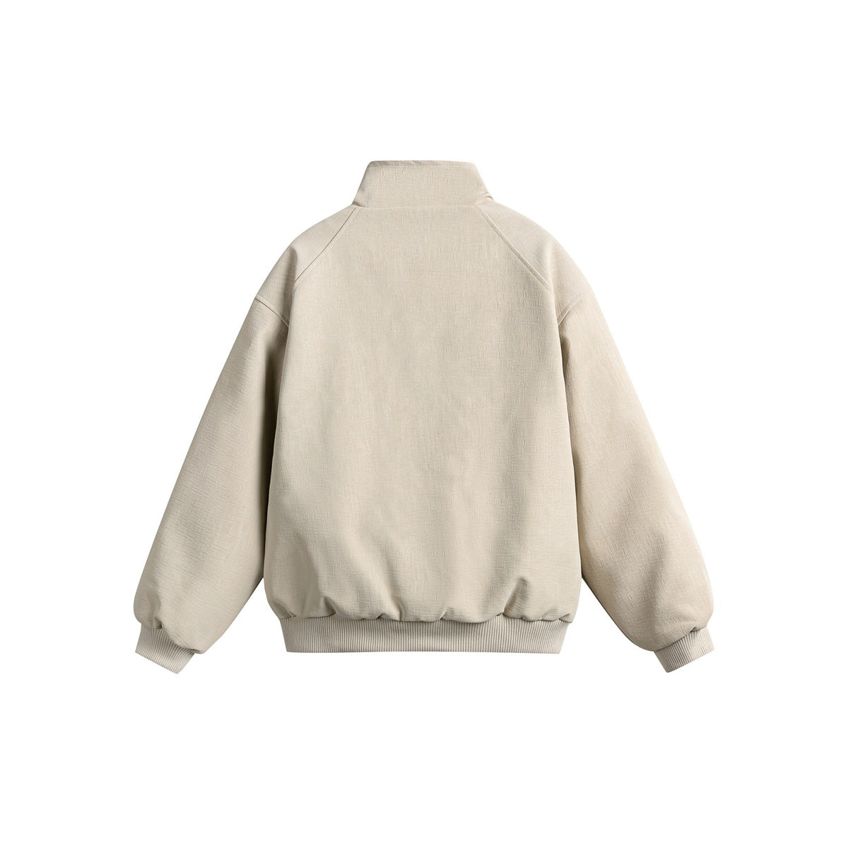 Back view of an ivory jacket with a stand collar, raglan sleeves, and ribbed cuffs and hem.