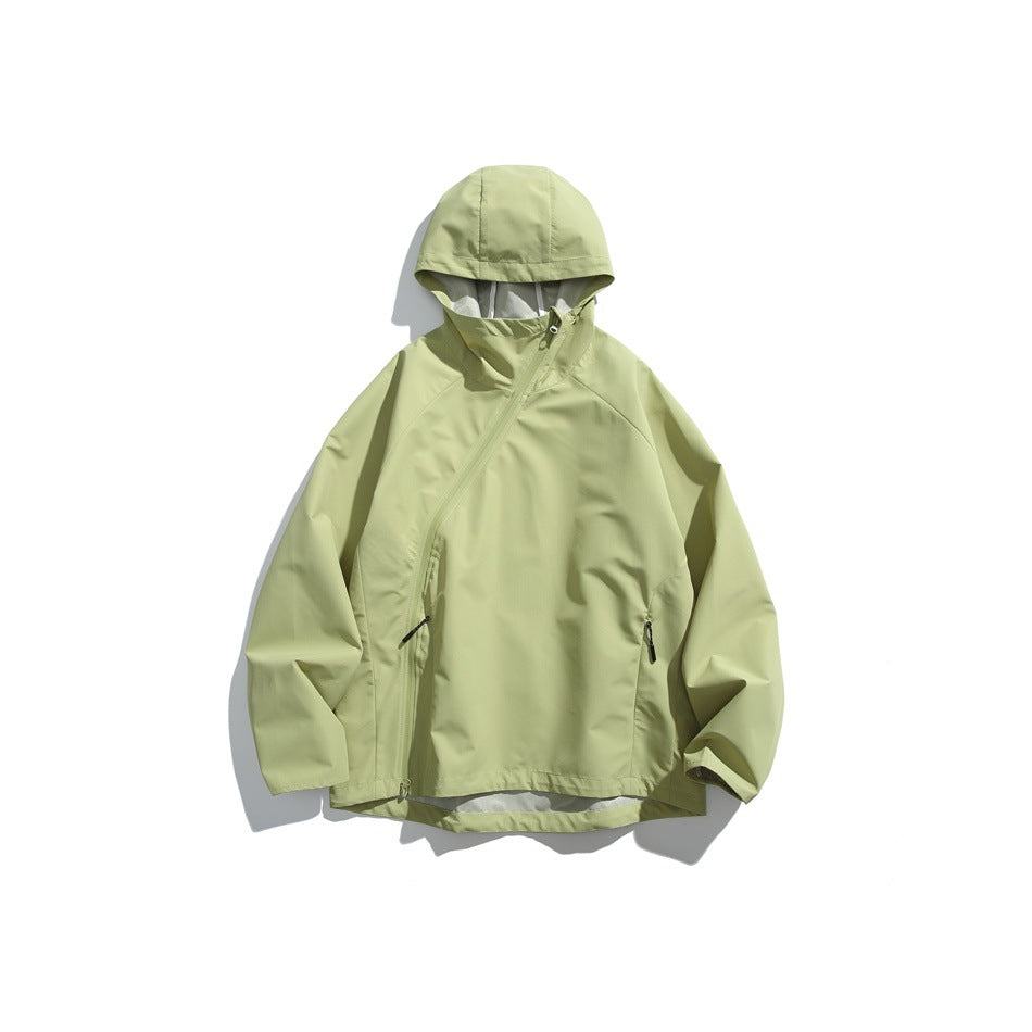 Pale green hooded jacket laid flat, with an angled front zipper and two zippered pockets.
