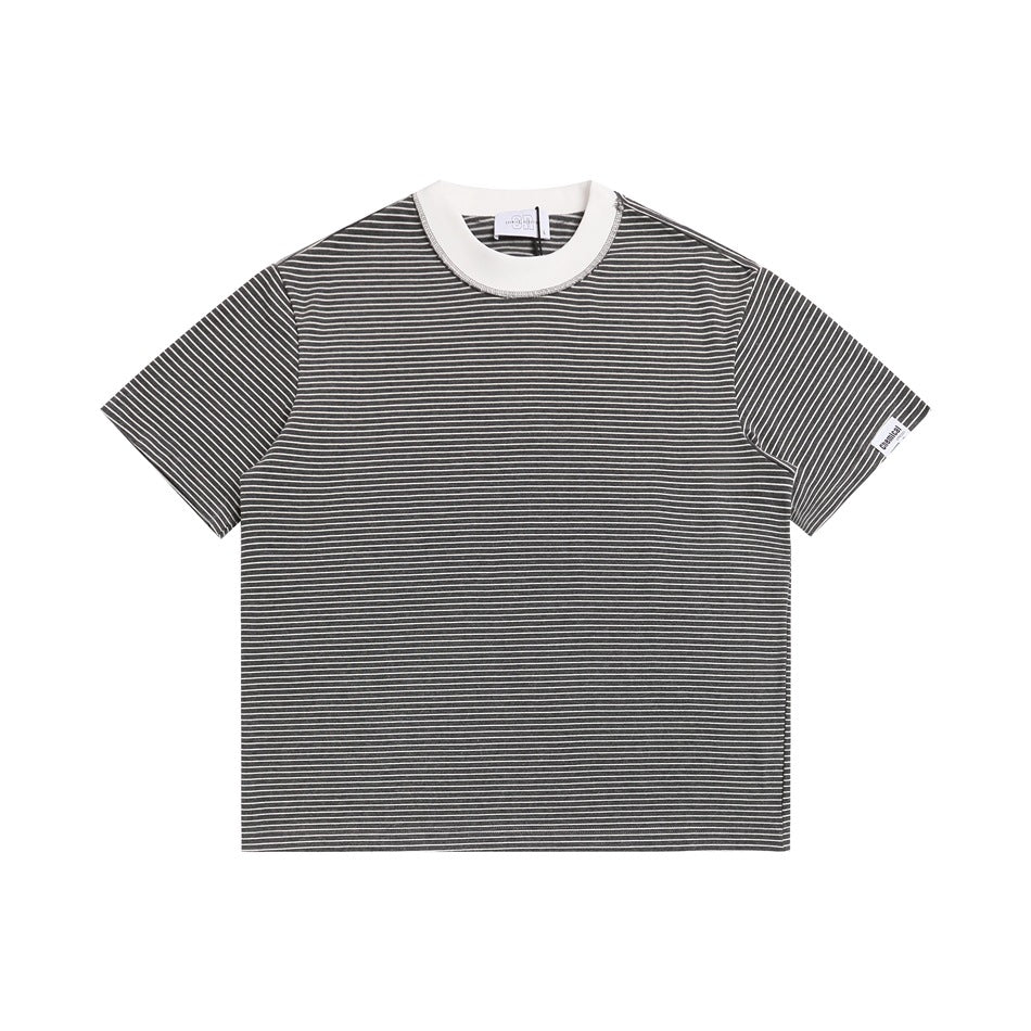 Dark gray fine-striped short-sleeve T-shirt with cream ribbed collar and sleeve label, flat front view