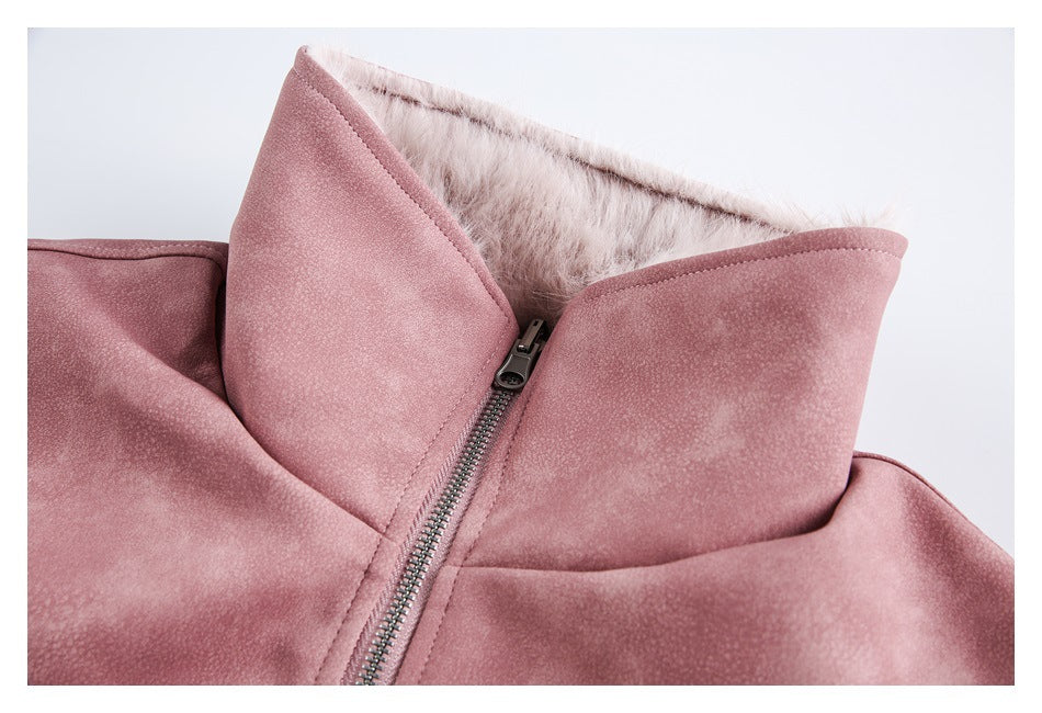 Close-up of the dusty-rose jacket's raised collar, front zipper, and pale fur lining.