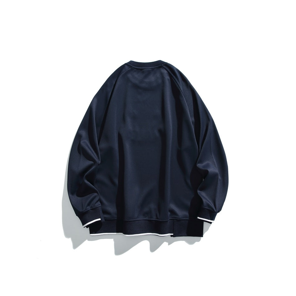Back view of a navy sweatshirt laid flat, with white accent trim at the cuffs and hem.