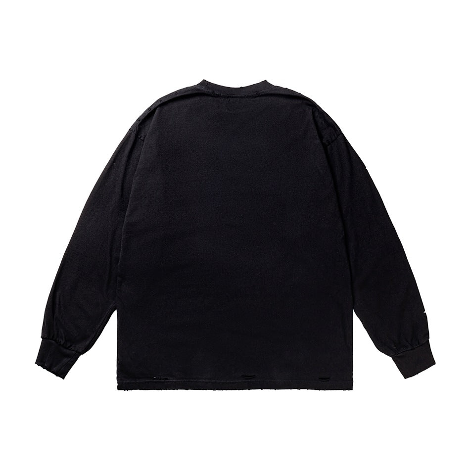 Back view of a black long-sleeve crew-neck shirt with a plain back and small distressed openings near the hem.