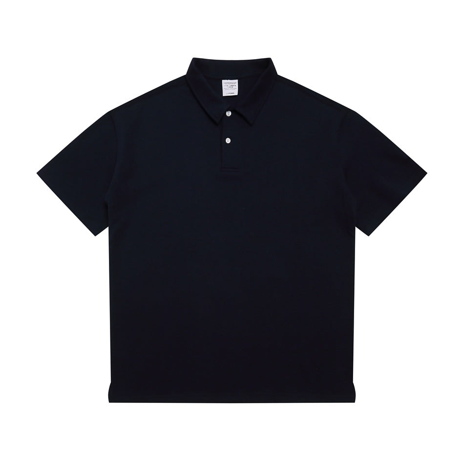 Navy short-sleeve polo shirt with two-button placket, flat lay front view