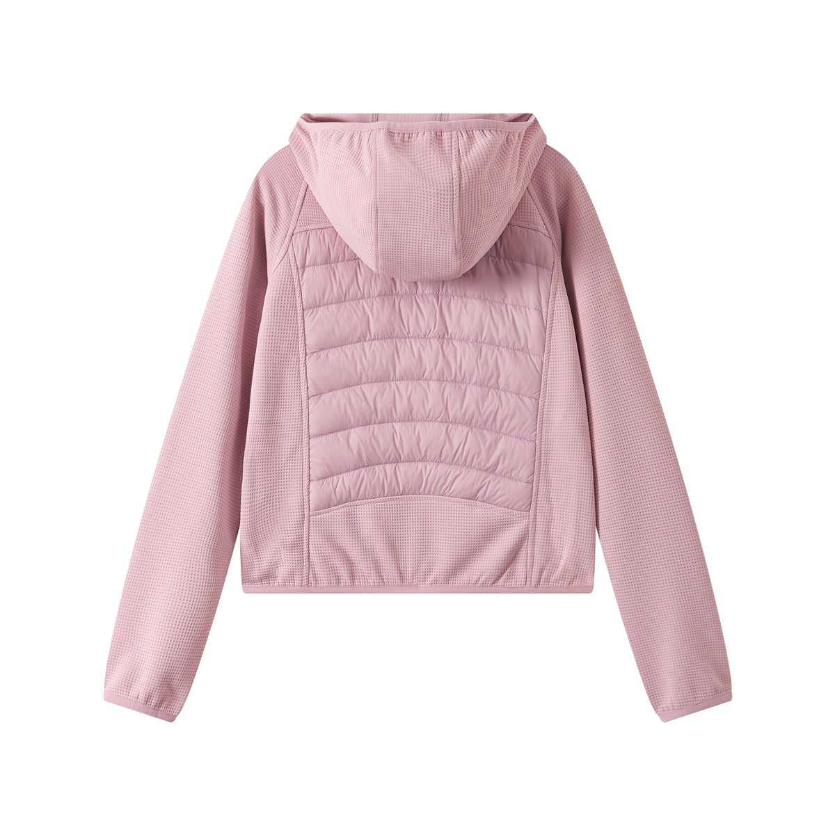 Back view of a pink hooded jacket with a quilted center panel and textured sleeves.