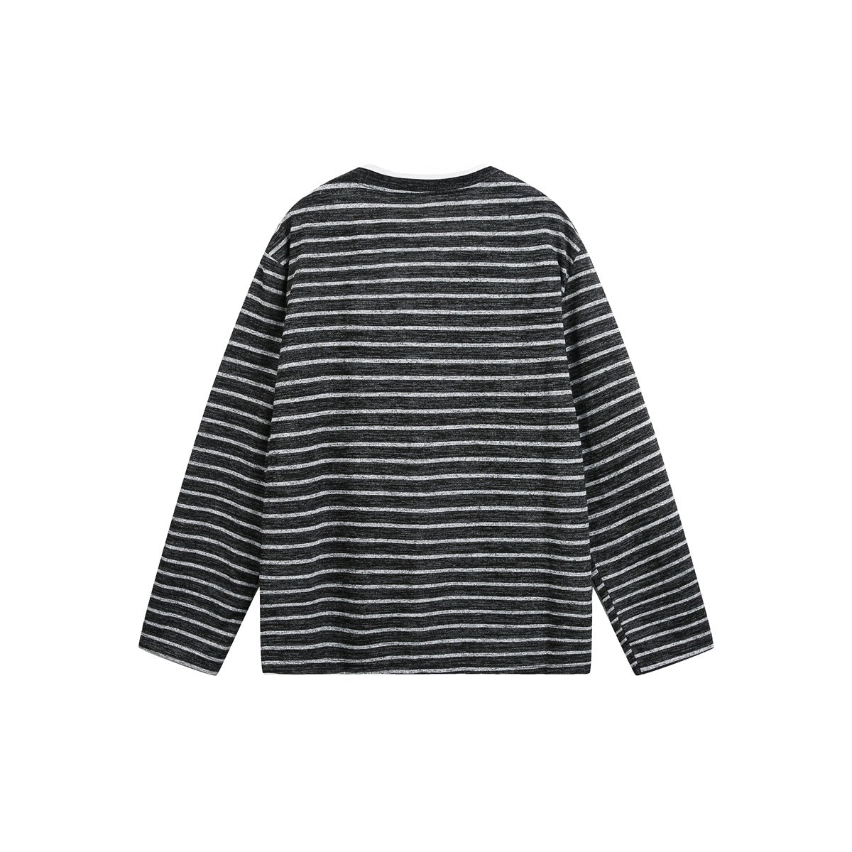 Back view of a charcoal long-sleeve top with narrow horizontal gray stripes.