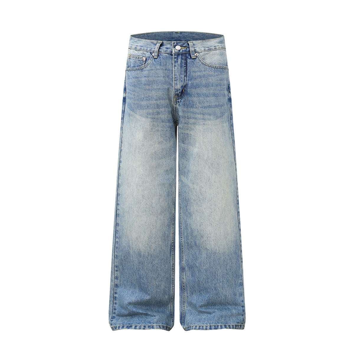 Light blue washed wide-leg jeans, flat front view with faded whiskering and button zip fly
