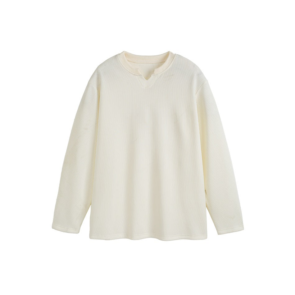 Off-white long-sleeve ribbed top with notched V-neck, flat lay on white background