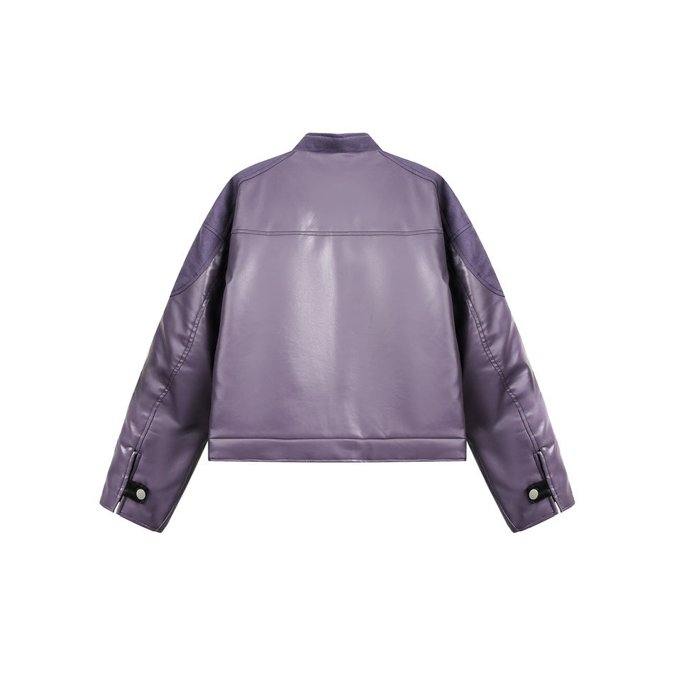 Back view of a lavender-purple jacket with long sleeves, panel seams and snap-tab cuffs.
