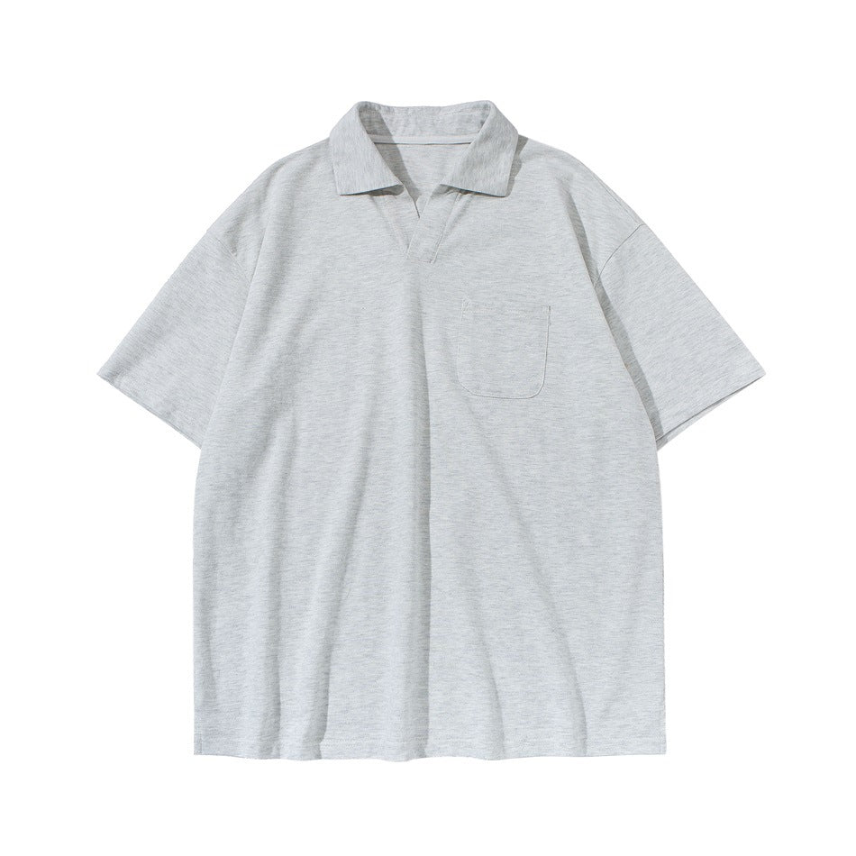 Heather light gray short-sleeved polo-style shirt with open V-neck collar and chest pocket, flat lay