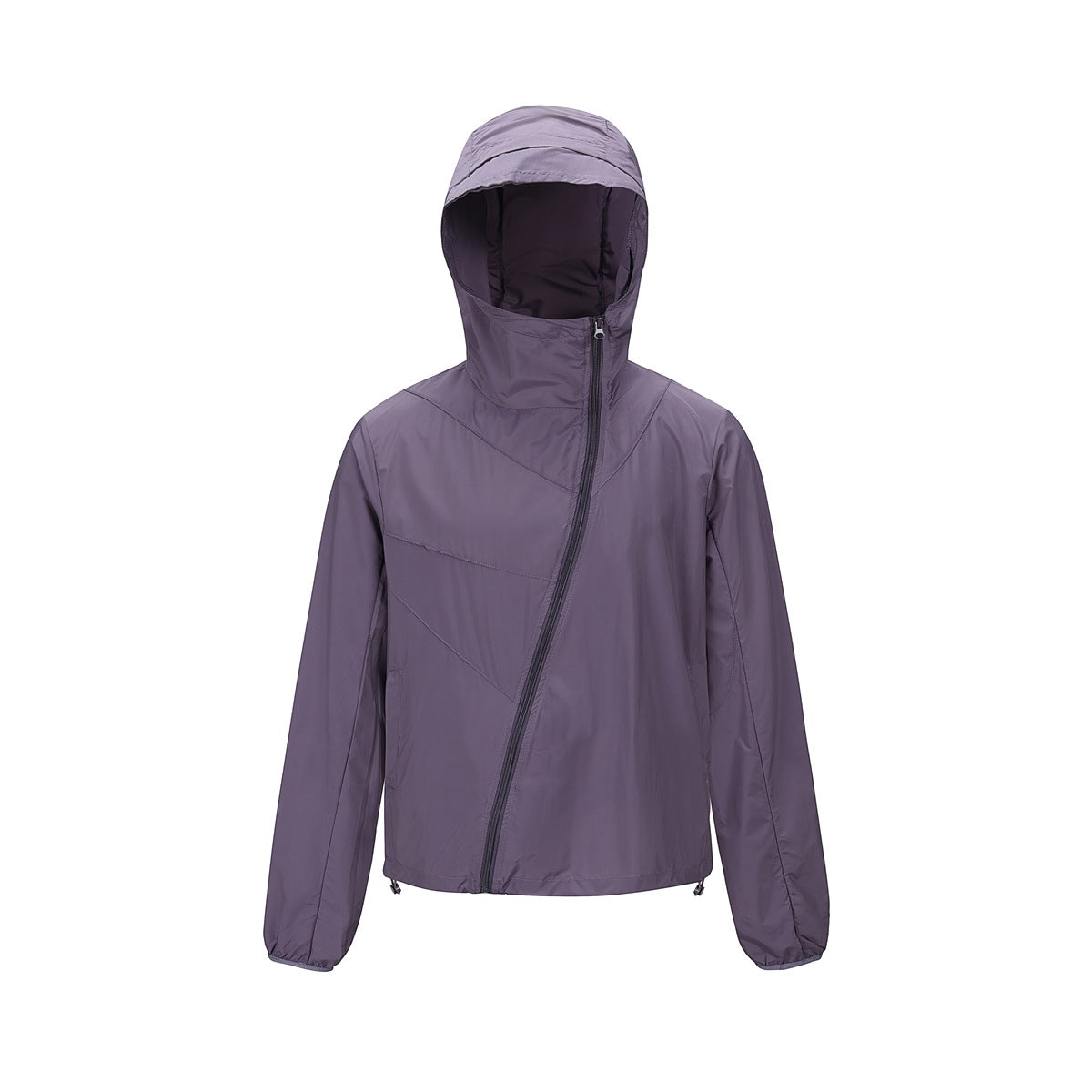 Purple hooded jacket with diagonal black zipper, paneled seams, elastic cuffs and drawcord hem, front view