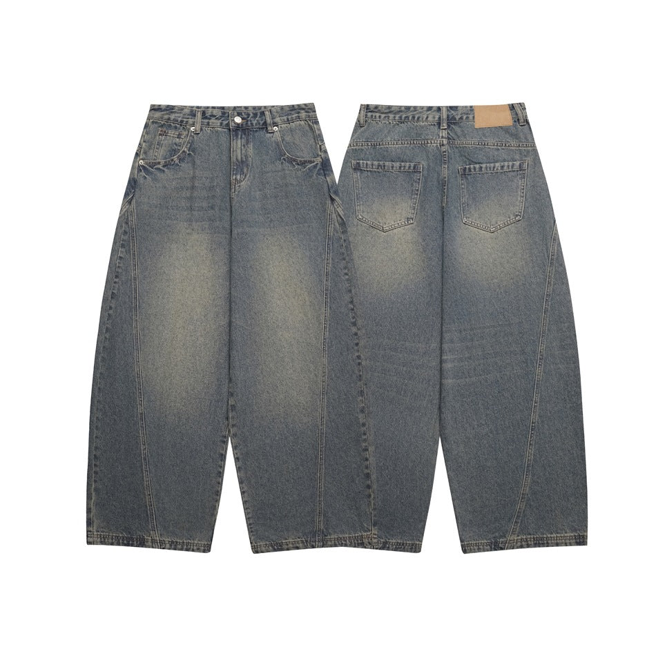 Faded blue wide-leg jeans shown from the front and back, with pockets and a tan waistband patch.