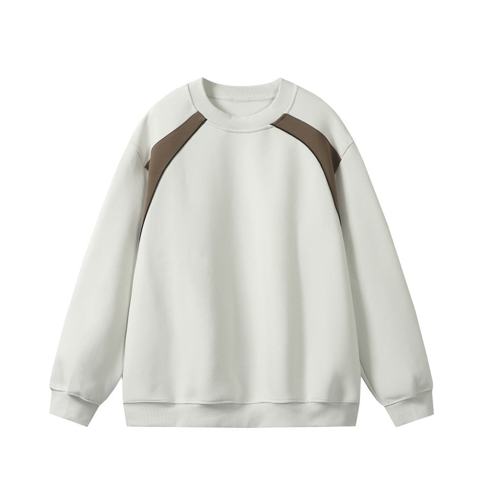 Light gray crew-neck sweatshirt with brown raglan shoulder panels and ribbed trim, flat lay front view