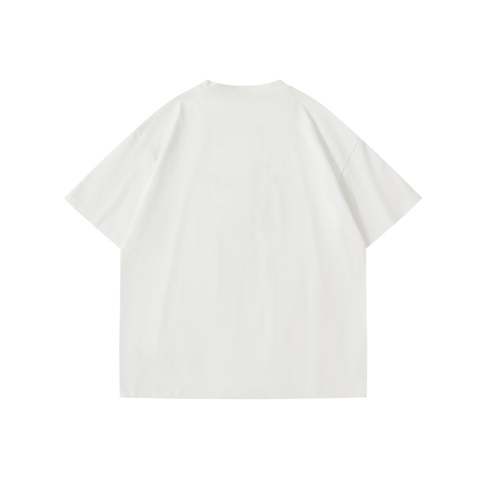 Back view of a plain white short-sleeve T-shirt laid flat.