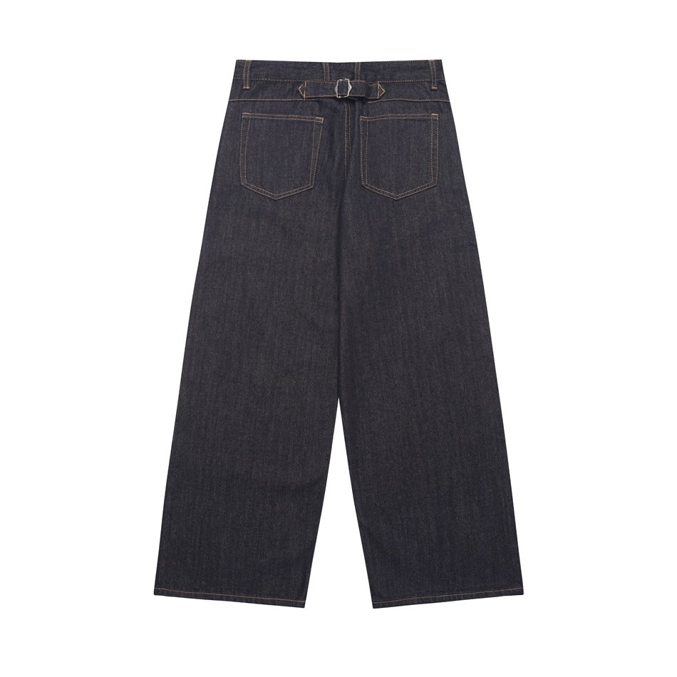 Rear view of dark indigo wide-leg jeans with two back pockets and a matching waistband tab.