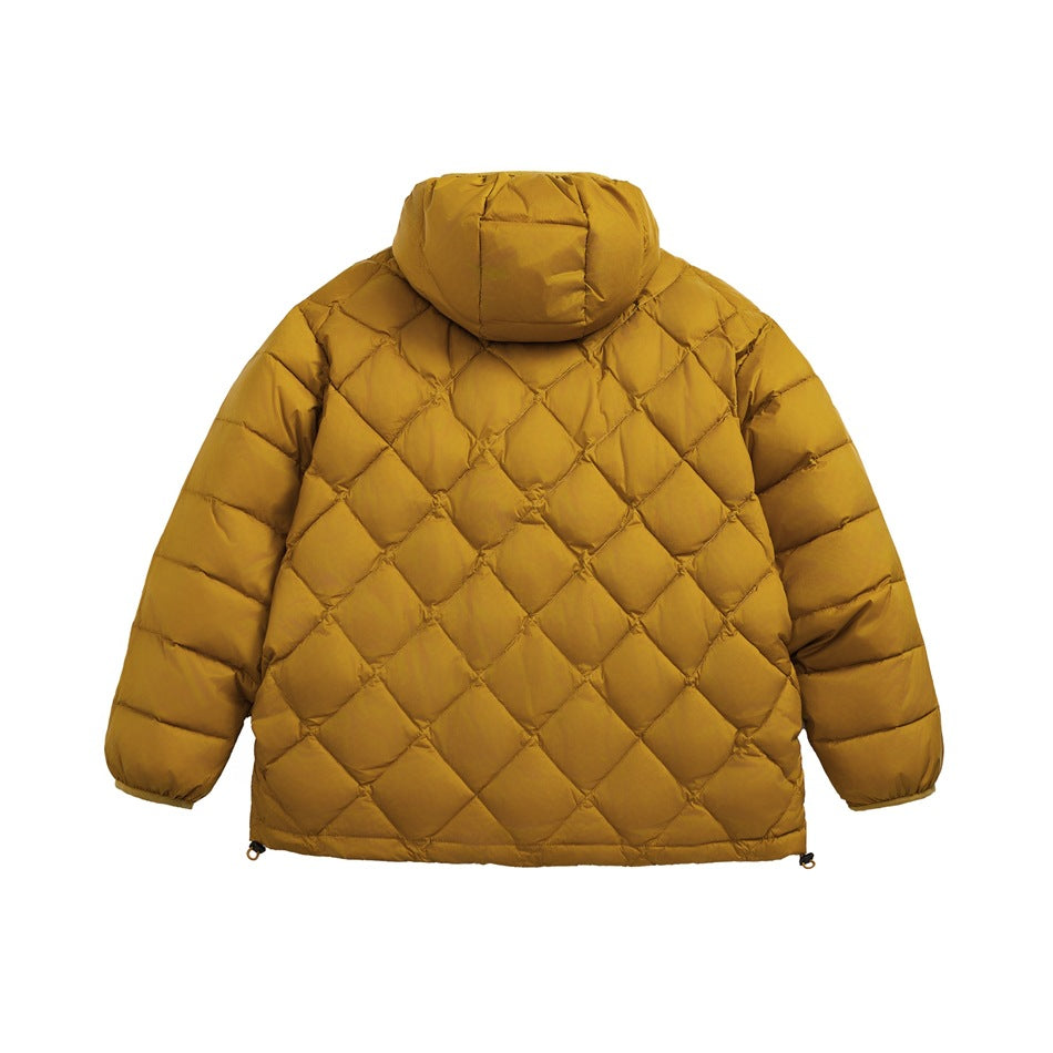 Back view of mustard yellow diamond-quilted hooded puffer jacket with hem drawcord toggles