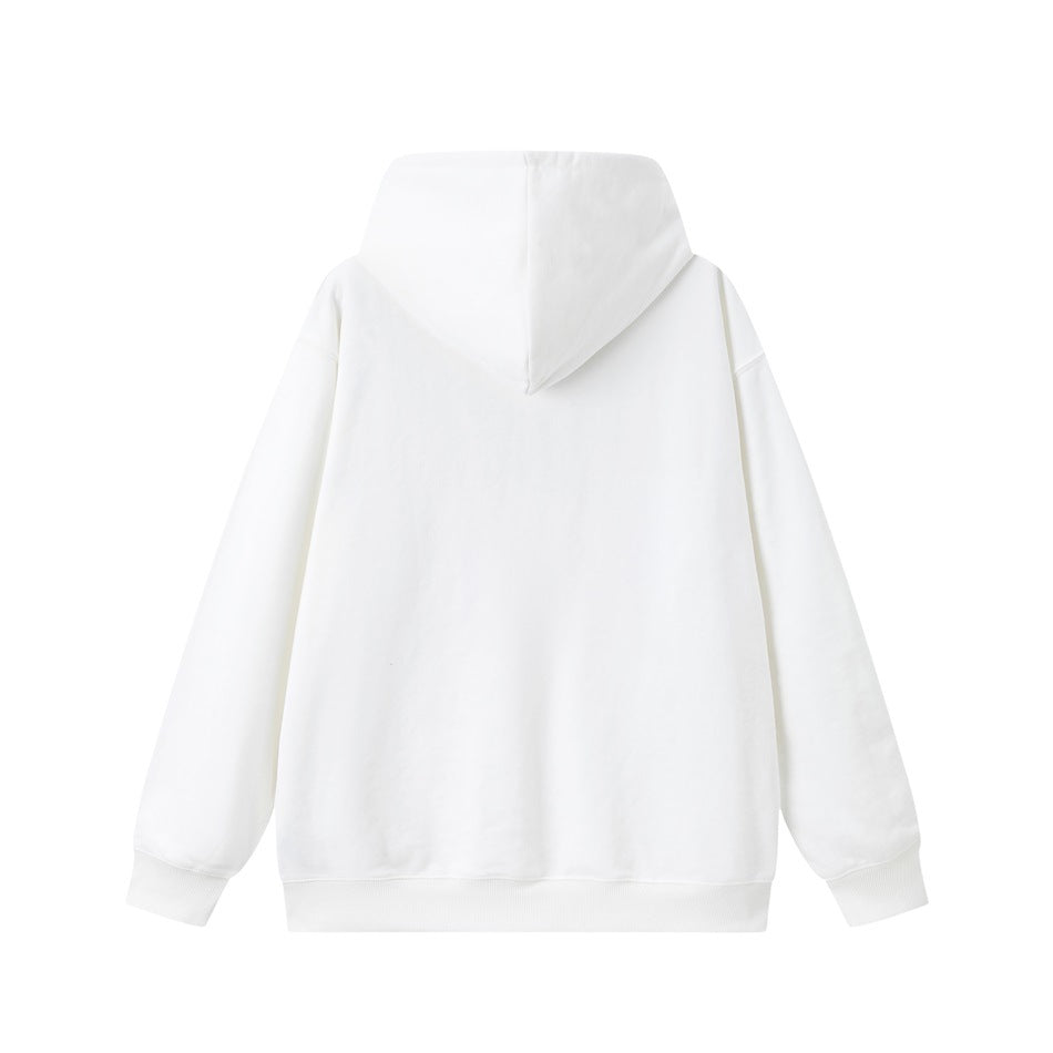 Back view of a plain white pullover hoodie with a hood and ribbed cuffs and hem.