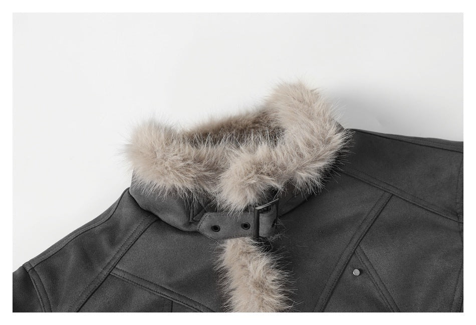 Cropped view of a charcoal jacket front with a pale beige fur-trimmed collar, buckle strap, and snap detail.