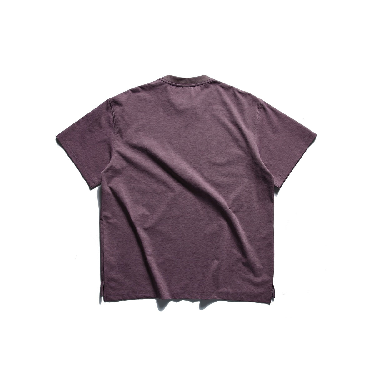 Taro purple short-sleeve T-shirt laid flat, back view, plain back with side hem slits
