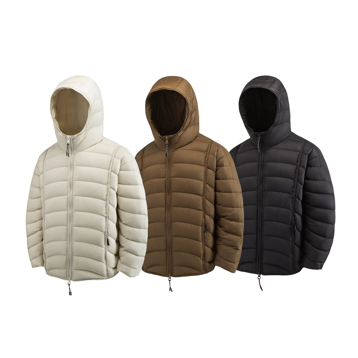Front views of hooded quilted jackets in off-white, brown, and black, shown side by side.